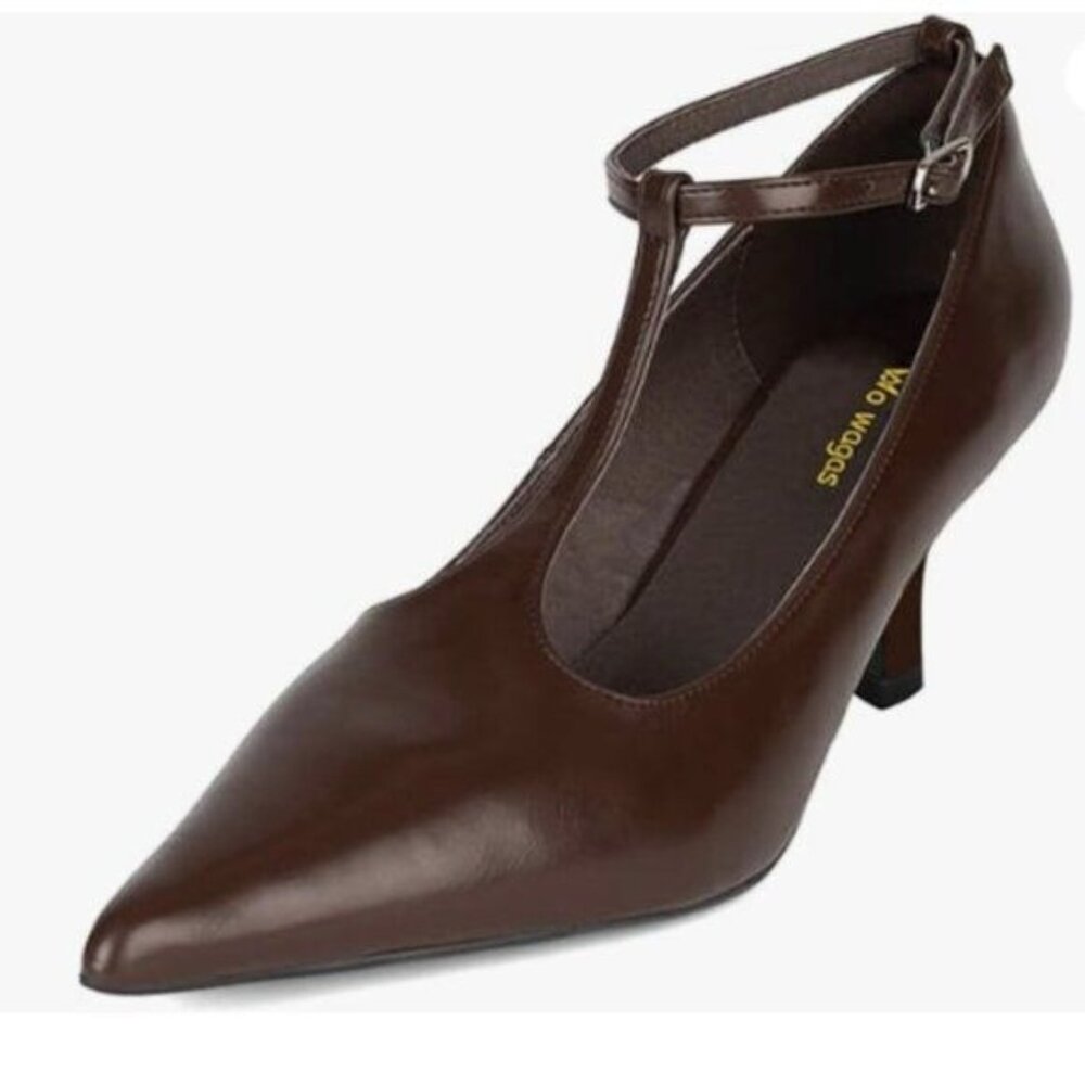 Women's Ankle T Strap Pumps Mid Kitten Heel Buckle Mary Jane Pointed Toe Brown
